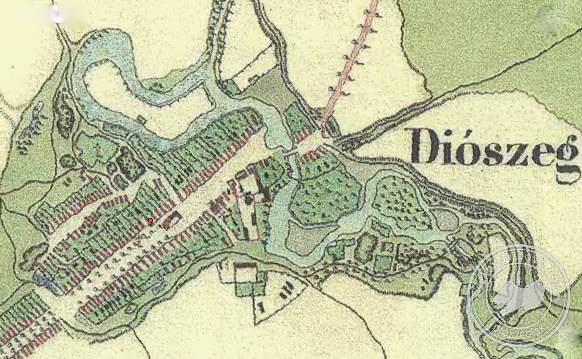 Diószeg térképe az 1839-es katonai felmérésből. Igen érdekes a Dudvág még szabályozatlan medre a több szigettel és a rájuk vezető hidakkal.